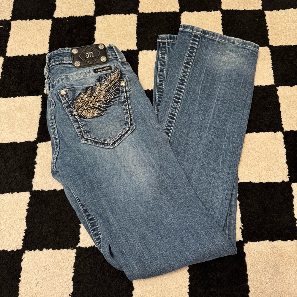 Miss Me Bootcut Y2K Denim Bootcut Jeans Feather Embroidered Pockets